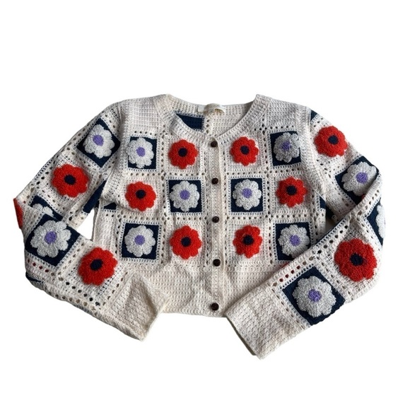Rebellion Sweaters - NEW Rebellion Cream Patchwork Crocheted Y2K Sweater Cardigan US S